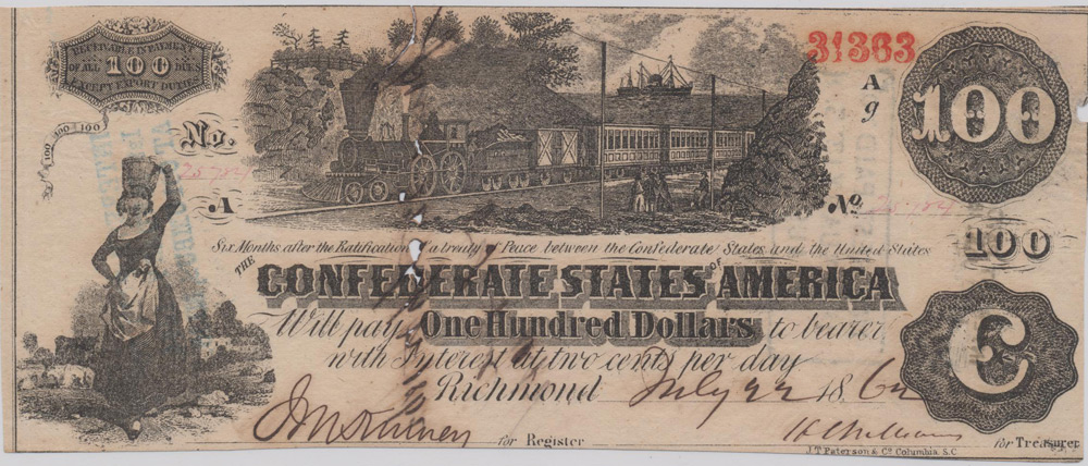 Virginia 100 Dollar Confederate Currency